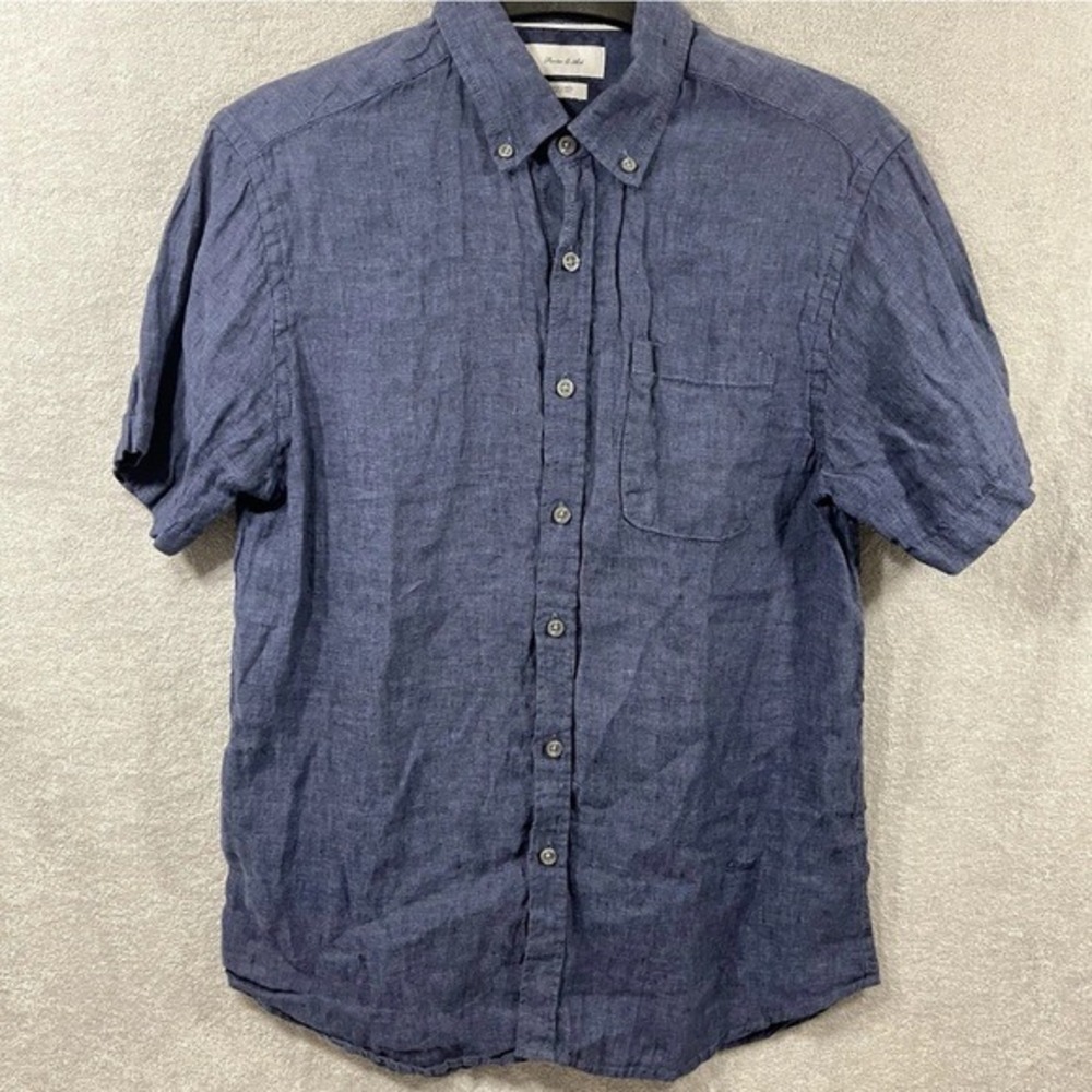 Porter & Ash Mens Navy Blue 100% Linen Short Sleeve Button Down‎ Shirt Size L